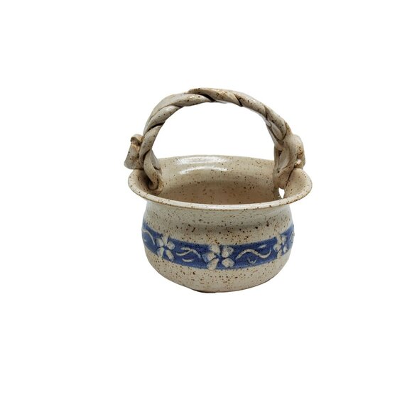 vintage 1991 handmade clay fired braided handle art pottery signed basket plante - Picture 7 of 12